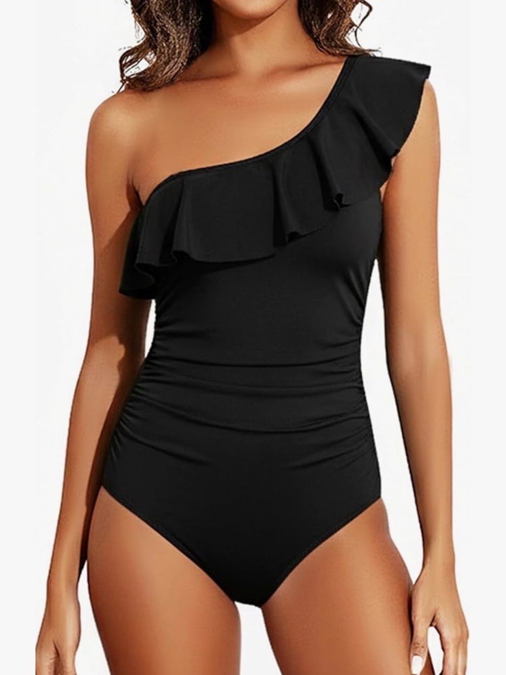 Tempt Me One-Shoulder Ruffle Neckline Women’s Black One Piece Swimsuit Size M